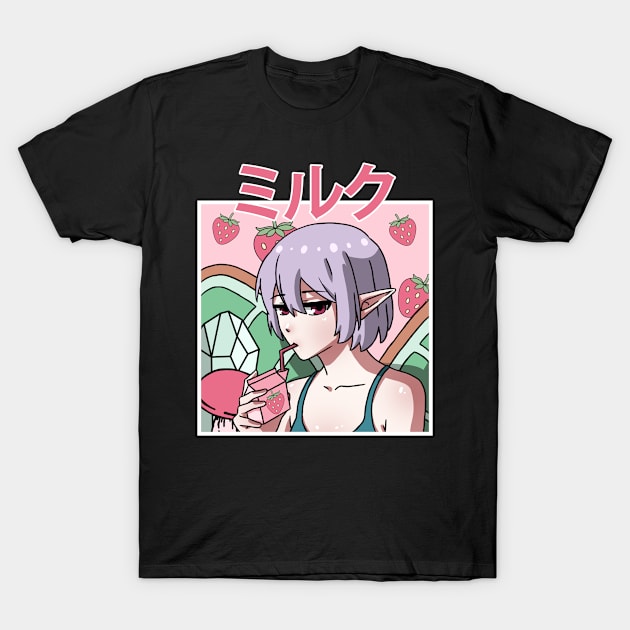 Fairycore Aesthetic Fairy Drinking Strawberry Milk T-Shirt by Alex21